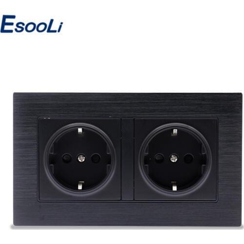 Esooli Luxury Aluminum Panel Wall Power Dual Socket Plug Grounded, 16A EU Standard Electrical Double Outlet 146 mm * 86 mm