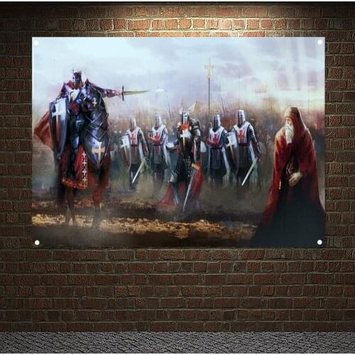 Knights Templar Battle Flag Banners Ancient Art of War Medieval Warriors Poster Canvas Painting Vintage Wall Hanging Tapestry