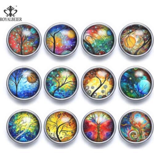 RoyalBeier 12pcs/lot 12mm Glass Snap Button Mixed Tree of Life Black Cat Patterns Wedding Accessories For Snap Jewelry KZ1070