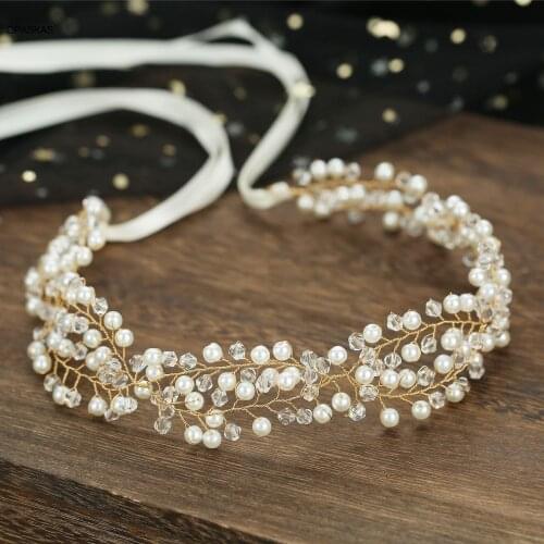 Bridal Wedding Headband Crystal Pearl 8-Character Twisted Beaded Hair Chain Headdress Hair Ornament VL