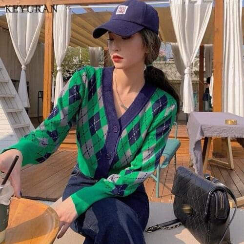 V Neck Argyle Plaid Vintage Knitted Crop Top Cardigan Casual Autumn Long Sleeve Sweater Coat Women Knitwear Checkered Streetwear