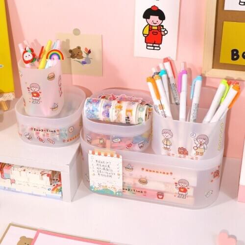Yisuremia Kawaii Large Capacity Desk Pen Holder Pencil Makeup Storage Box Desktop Organizer Stand School Stationery + Stickers