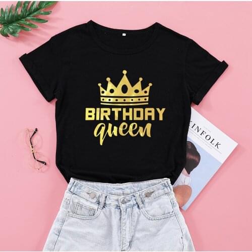 Birthday Queen Team Party T Shirt Fahsion Gold Print Women T-shirt Short Sleeve Top Tees Round Neck Girl Shirts QADF