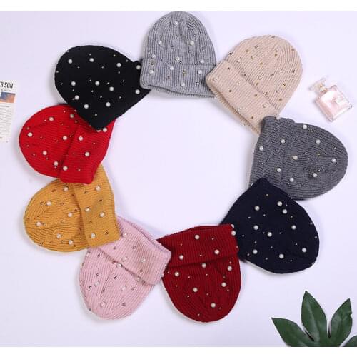 Womens Crimping Knitted Hat With Pearls Beads Beanie Autumn Winter Outdoor Warm Skullies Caps Female Ladies Elastic Bonnet Hat