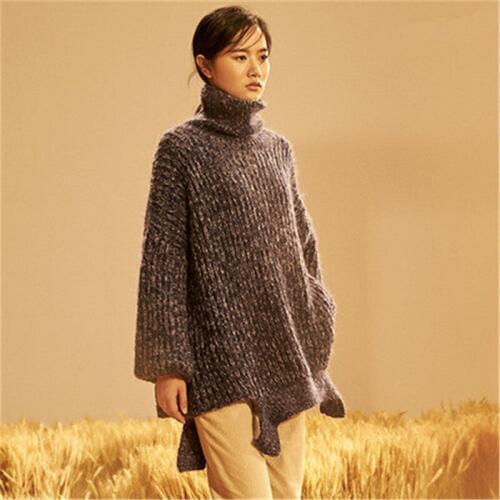 New fashion 100% hand made wool thick knit women turtleneck loose lantern sleeve pullover sweater one&over size
