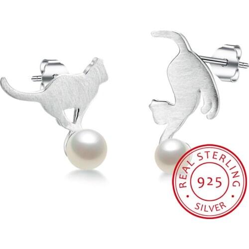 100% 925 Sterling Silver & Freshwater Pearls Cute Cat Stud Earrings for Women Luxury Sterling Silver Jewelry Gift CQE235
