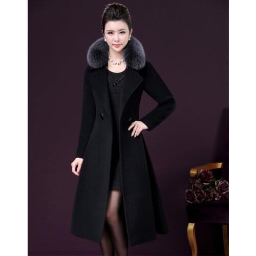 2020 Plus Size 4XL Womens Woolen Coat Faux Fox Fur Collar Warm Thick Winter Jacket Women Blue Long Coats Casaco WXF497