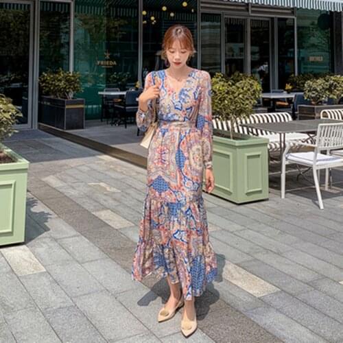 Bohemia Vintage Elegant Print Long Sleeve Women Dresses 2021 New Casual V-neck Chiffon A LIne Dress Party Vestidos