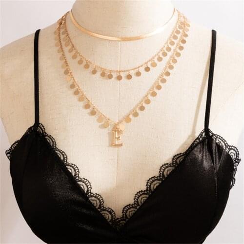 2021 Vintage Fashion Multilevel Choker Necklace For Women Boho Golden Snake Chain Round Sequined Letter "E" Pendant Jewelry