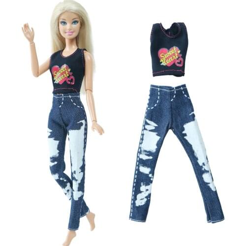 1 Set Handmade Doll Dress Outfit Pattern Vest Dye Denim Trousers Daily Wear Girl Clothes for Barbie Doll Accessories Toy Gift