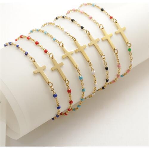 New Fashion Stainless Steel Bracelets Link Cable Chain Cross Golden Enamel Bracelet Jewelry For Women Gifts 18cm Long,1 PC