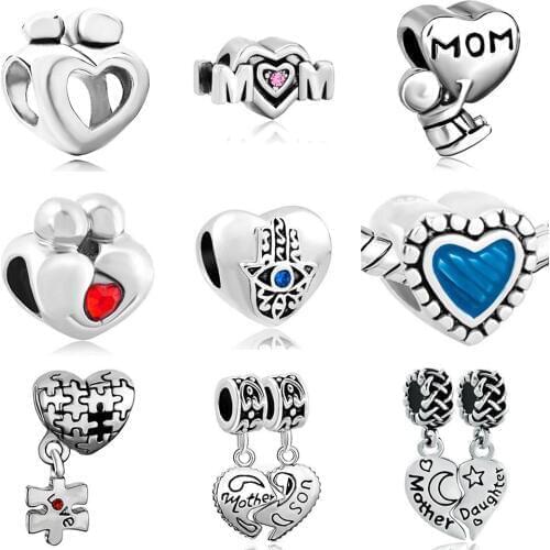 2018 silver plated I love mom family charm heart-shaped beads suitable for Pandora bracelet Diy bracelet jewelry