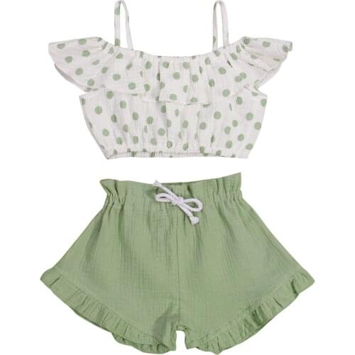 2021 Kids Girls Ruffle Clothing Off Shoulder Tops Polka Dot Print Sling Pullover Summer Toddlers Pleated Lace Up Shorts Costume