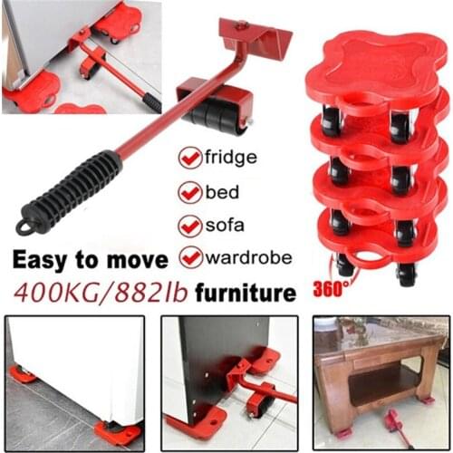5pcs/set Furniture Mover Tool Set Heavy Duty Stuff Transport Lifter 4 Wheeled Mover Roller with Wheel Bar Moving Device Tools