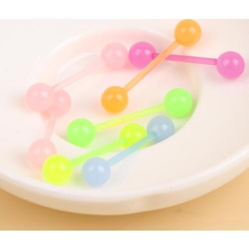 7PCS Soft Acrylic Luminous Glow Ball Tongue Rings Mixed Color Straight Tongue Nails Body Piercing Belly Navel Button Ring