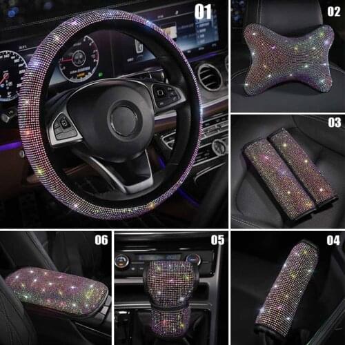 Bling Car Steering Wheel Covers Headrest Rhinestone Crystal Diamond Headrest Pillow Shoulder Guard Car Interior Accessories