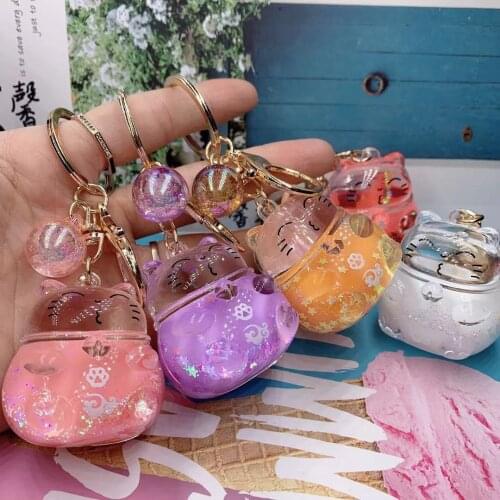 New Lucky Cat Keychain Into Oil Liquid Quicksand Keychain Accessories Charm Key chain Womens Friends Gift Bag Pendant Keychain