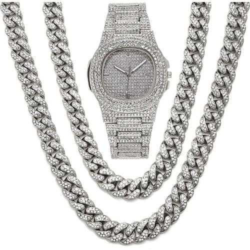 Rapper Chain HipHop Miami Curb Cuban Chain 12mm Gold Iced Out Paved Rhinestones CZ Bling Rapper for Men Luxury Watch Necklace