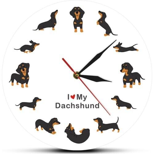 Cartoon Style I Love Dachshund Dog Cute DoggieWall Clock Puppy Breed Timepiece Sausage Pet Lover Gift Modern Wall Decor Watch