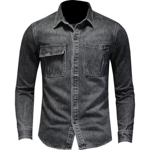 2021 Jeans Shirt Men Denim Shirts 100% Cotton Black Lapel Long Sleeve Fashion Slim Casual Motorcycle Style Cowboy Thin Coat