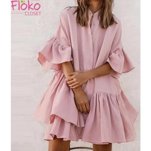 Flokocloset Solid Color Butterfly Sleeve Irregular Shirt Dress Summer Beach A Line Mini Dress for Women Elegant 2021