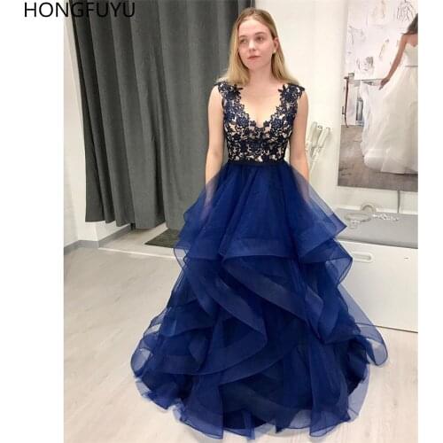 HONGFUYU A-line Sleeveless Royal Blue Prom Dresses Appliques Lace Vestidos Ruffled Tulle Evening Formal Gowns Party Prom Dress