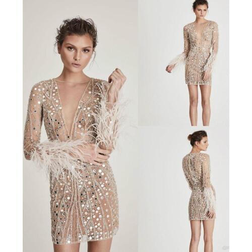 2020 Sequined Cocktail Dresses Beads Luxury Feather Deep V Neck Short Party Gowns Chic Long Sleeve Formal Dress