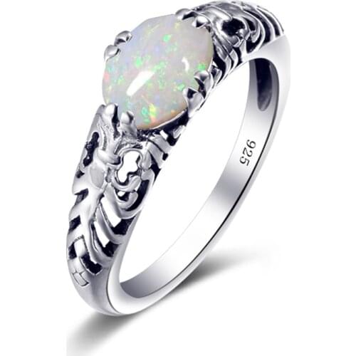 Vintage Silver Ring For Women Real 925 Sterling Silver Gemstones White Fire Opal Handmade Design Undefined Trendy Fine Jewelery