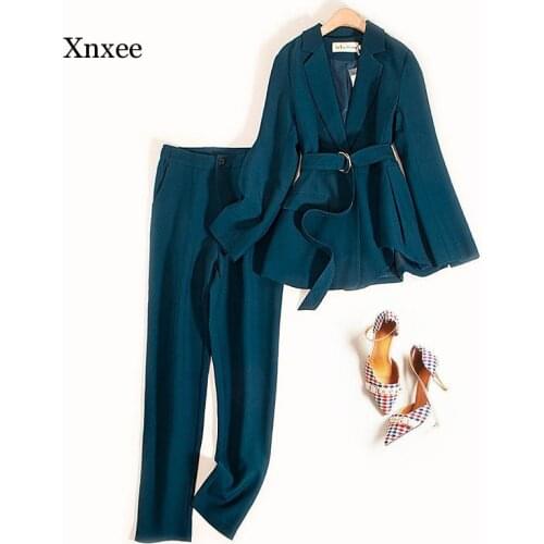 Srping Long Sleeve Solid Suit Outfits Belt Women Elegant Fall Sexy Office Lady Casual Slim Top Straight Trousers Two-Piece Set