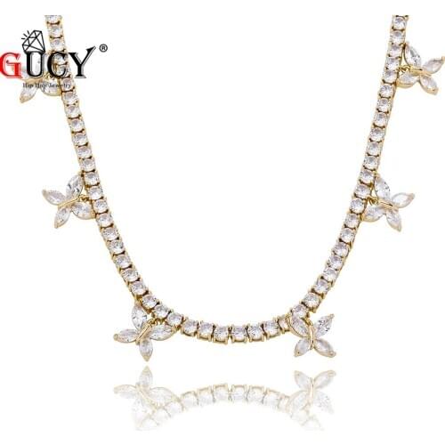 GUCY Butterfly Pendant 5mm 1 Row Tennis Chain Necklace Hip Hop Jewelry Gold Color Men Women Necklace Link adjustable
