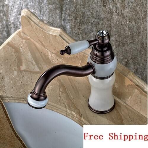 White Jade and Oil Rubbed Bronze bathroom basin faucet, Brass wash basin faucet cold and hot, Antique mixer water tap faucets