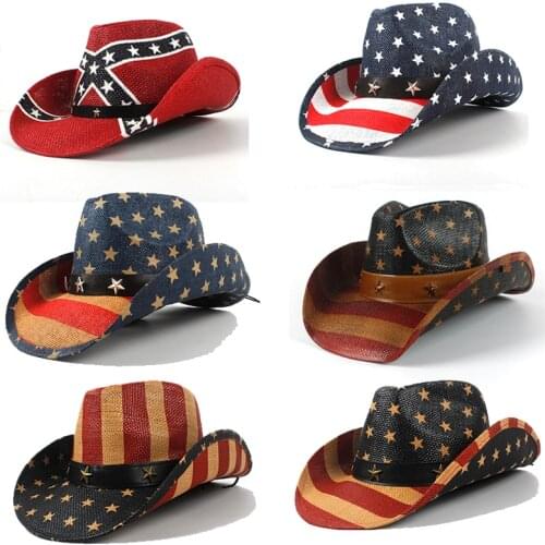 Summer USA Flag Straw Cowboy Hats For Men And Women Western Sombrero Hombre Cowboy Caps With American Flag Sombreros De Mujer