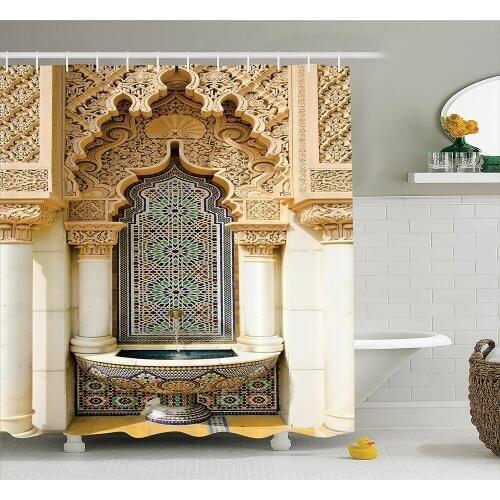 Moroccan Decor Shower Curtain Vintage Building Design Polyester Fabric Bathroom Shower Curtain Set with Hooks