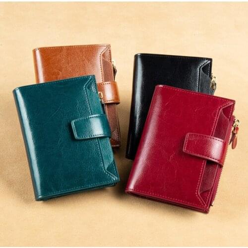 Fashion Women Short Wallet Vintage Cowhide Card Holder Multifunctional Zipper Hasp Money Bag Female Solid Color Small Purse