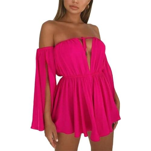 2021 New Women Off-shoulder Dress Adults Sexy Tie-up Solid Color Boat Neck Slit Sleeve