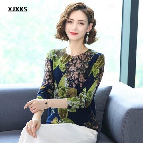 XJXKS 2021 autumn winter new round neck long-sleeved women sweater high-end printed cashmere knitted sweater women pullover