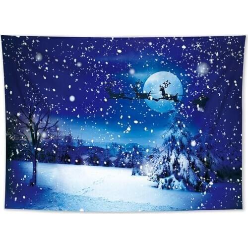 Christmas Night Sky Tapestry Santa Claus Flies Through the Forest on a Sleigh Pulled Wall Blanket