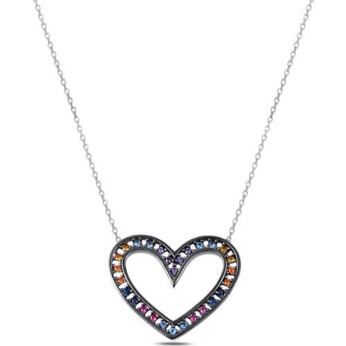 Silverlina Silver Heart Mixed Color Zircon Stone Necklace