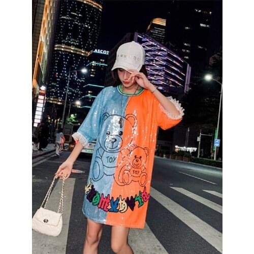 Ins Thailand Europe Loose Funny Cartoon Bear Womans Sequins T-Shirt Long Top Tee Punk Girls Color Patchwork Mini Dress