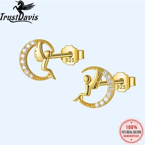 Trusta Authentic 925 Sterling Silver Fashion Sweet Moon Angel Dazzling CZ Stud Earrings For Women Silver 925 Jewelry Gift DA814