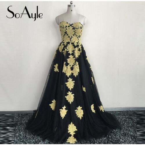 SoAyle Real Photo A-Line Sweetheart Black Tulle with Gold Lace Prom Dresses 2016 Long Maxi Vestidos Ombre Dress