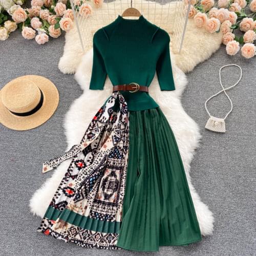 New Korean Elegant Knitted Long Dress Women Printed Patchwork Color-blocked Half Sleeve Stand Neck A-line Pleated Dresses 2021