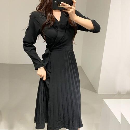 Vintage Black Pleated Dress Women Slim V Neck Fashion Spring Autumn Long Robe Vestidos Ladies Elegant Bandage Dresses Clothes