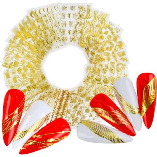 Gold 3D Nail Sticker Striping Tape wave Lines Design Strip back glue Adhesive DIY Foil letter flower leaf Nail Art Decals Decor