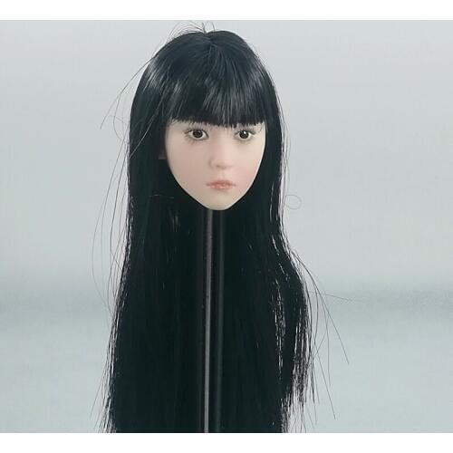 1/6 Black Long Hair Asia little cute Girl Head Figure Model female straight bangs Head Sculpt for 12" Action Figure pale body