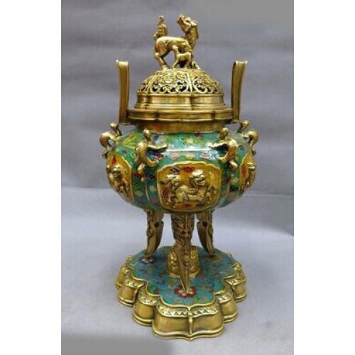 13 " China bronce gild Cloisonne incensario Foo perro hornilla del incienso estatua copper decoration bronze factory Pure Brass