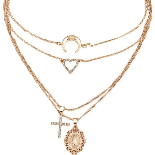 2021 Fashion Trend Moon Heart Cross Gold Pendant Necklace Metal Stainless Steel Chain Choker Necklace Woman Jewelry Gift