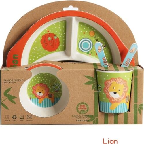 5pcs Bamboo Fiber Tableware Baby Eating Tableware Kids Dinner Plate Toddler Feeding Dishes Children Training Bowl Spoon Fork