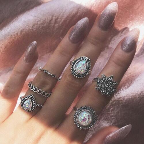 6 Pcs/Set Women Fashion Bohemian Lotus Sun Heart Opal Crystal Ring Set Party Silver Color Joint Ring Set