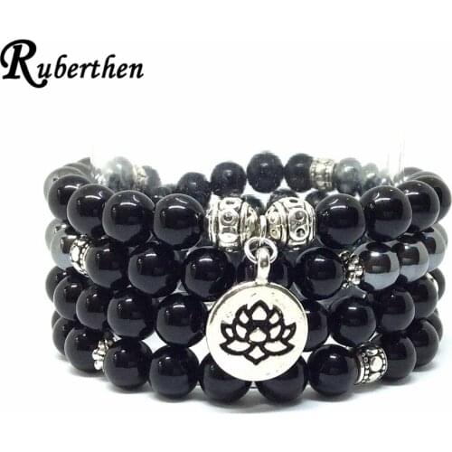 Ruberthen Black Tourmaline 108 Mala Bracelet Lotus Charm Women`s Yoga Jewelry New Design Gem Stone Energy Power Yoga Bracelet